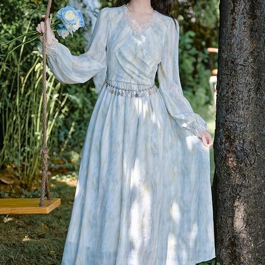 Long-Sleeve V-Neck Tie Dye Lace Trim Ruched Midi A-Line Dress / Waist Chain / Set