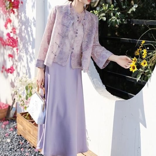 Stand Collar Tie Dye Button-Up Lace Jacket / Crew Neck Vest / High Rise Plain Midi A-Line Skirt / Set