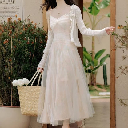 Spaghetti Strap V-Neck Tie Dye Ruched Maxi A-Line Dress / Plain Floral Accent Ruffle Trim Crop Cardigan / Set