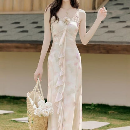 Spaghetti Strap V-Neck Tie Dye Floral Accent Ruffle Trim Ruched Maxi Mermaid Dress / Plain Lace Trim Crop Cardigan / Set