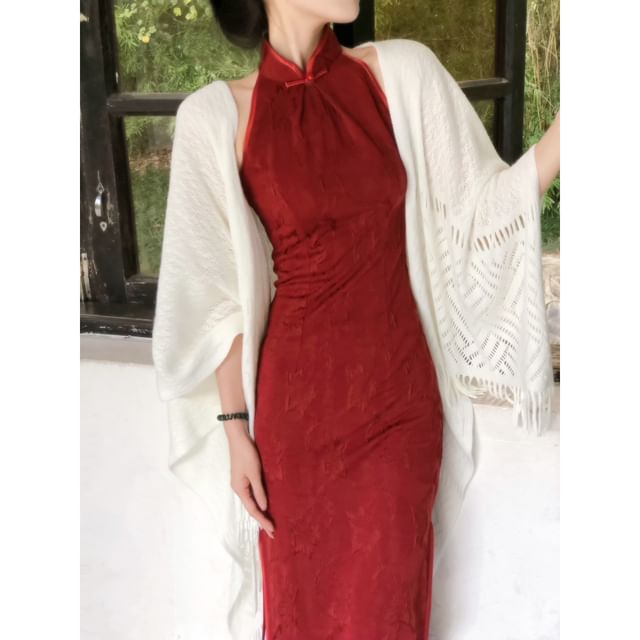 Halter Neck Stand Collar Floral Jacquard Slit Midi Sheath Qipao / Plain Perforated Fringed Shawl / Set