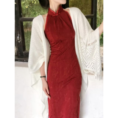 Halter Neck Stand Collar Floral Jacquard Slit Midi Sheath Qipao / Plain Perforated Fringed Shawl / Set