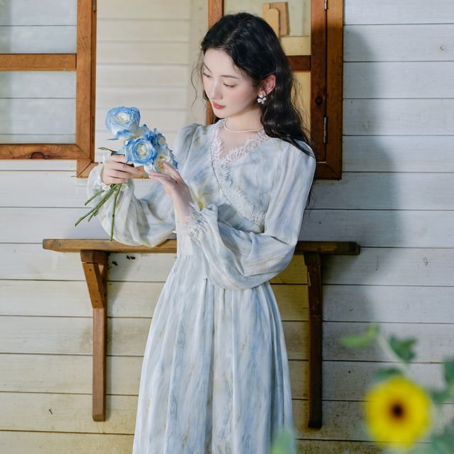 Long-Sleeve V-Neck Tie Dye Lace Trim Ruched Midi A-Line Dress / Waist Chain / Set