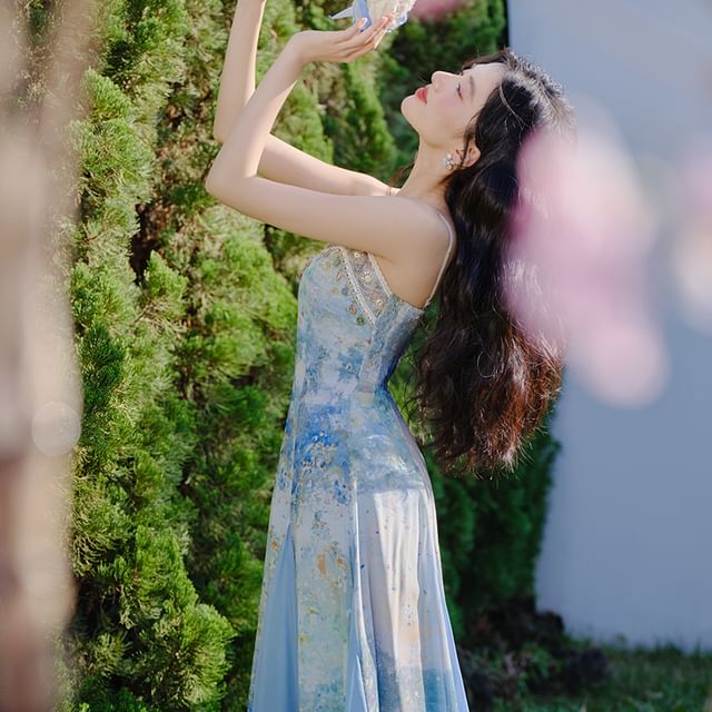 Spaghetti Strap V-Neck Tie Dye Shell Fringed Midi A-Line Dress / Perforated Tie Front Plain Crop Cardigan / Set