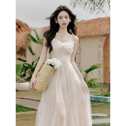 Spaghetti Strap V-Neck Tie Dye Ruched Maxi A-Line Dress / Plain Floral Accent Ruffle Trim Crop Cardigan / Set