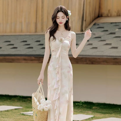 Spaghetti Strap V-Neck Tie Dye Floral Accent Ruffle Trim Ruched Maxi Mermaid Dress / Plain Lace Trim Crop Cardigan / Set