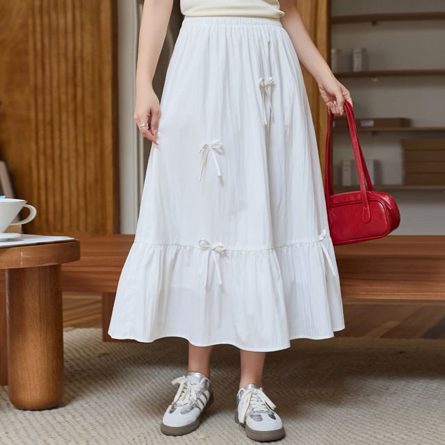 Plus Size High Rise Plain Bow Detail Midi A-Line Skirt