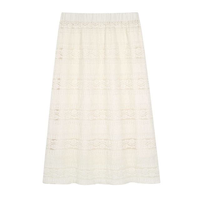 Plus Size High Rise Plain Lace Floral Midi A-Line Skirt