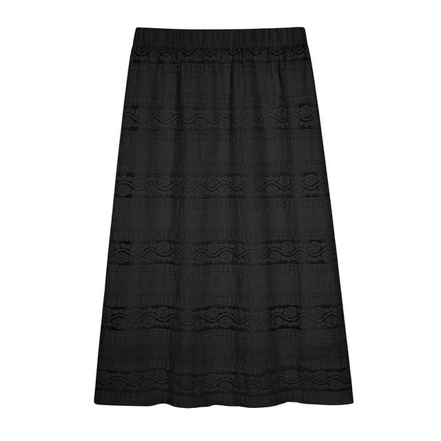 Plus Size High Rise Plain Lace Floral Midi A-Line Skirt