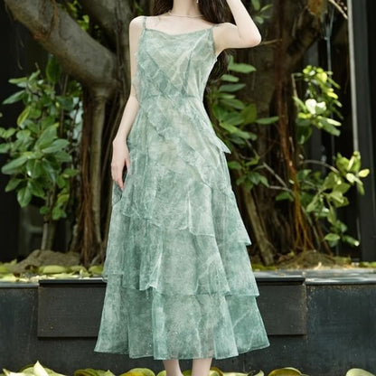 Sleeveless Print Maxi Tiered A-Line Dress / Light Cardigan / Set