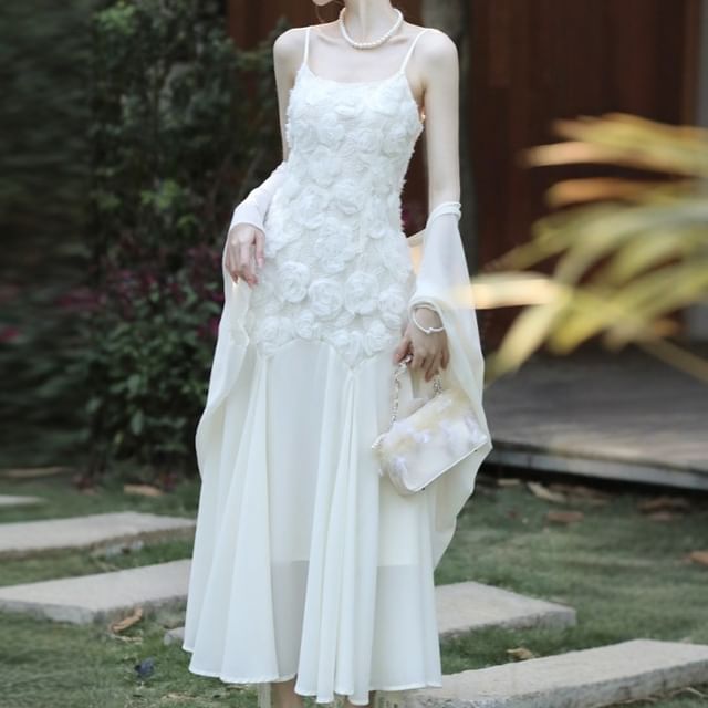 Spaghetti Strap Lace Maxi Dress / Plain Cardigan / Set