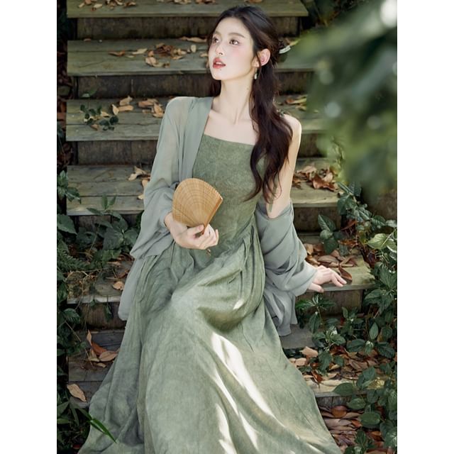 Plain Light Jacket / Spaghetti Strap Maxi A-Line Dress / Set