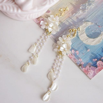 Sterling Earring / Pearl Faux Flower Drop Silver Clip-On 925