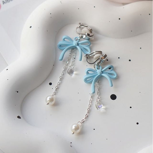 Faux Silver Earring 925 Sterling Bow / Pearl Drop Clip-On