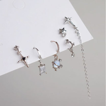925 Earring Sterling Set Rhinestone Silver Drop of 6: + Huggie Dangle