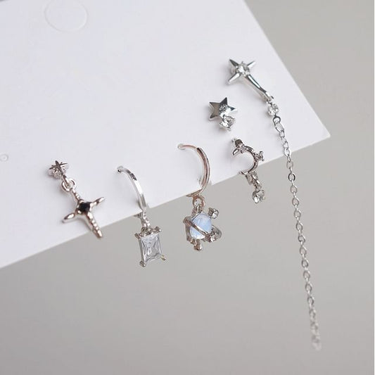 925 Earring Sterling Set Rhinestone Silver Drop of 6: + Huggie Dangle