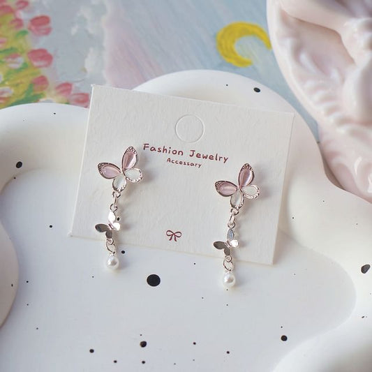 Faux Earring Silver / Sterling 925 Drop Clip-On Butterfly Pearl