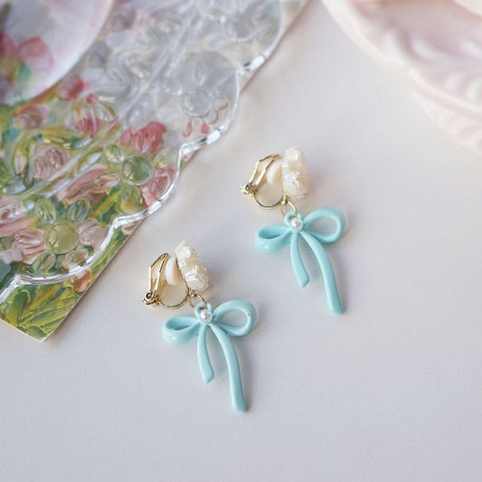 Silver Drop Clip-On / Flower Earring Bow Sterling 925