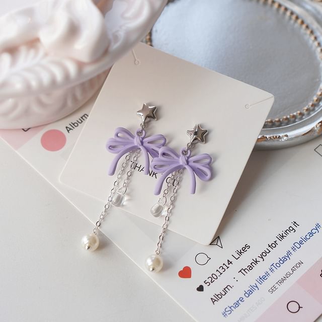 Faux Silver Earring 925 Sterling Bow / Pearl Drop Clip-On