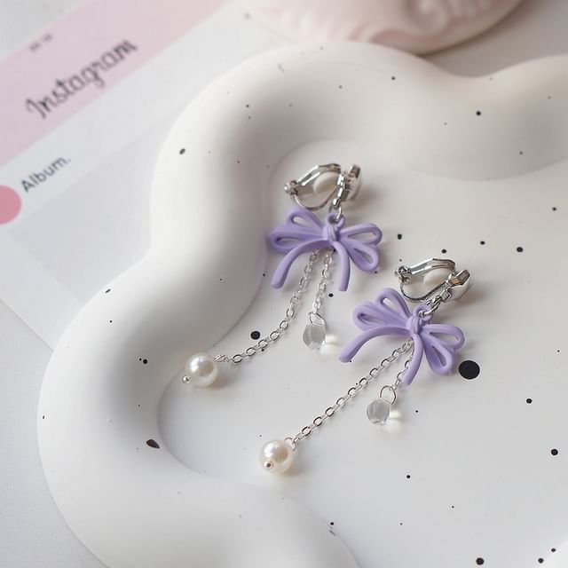 Faux Silver Earring 925 Sterling Bow / Pearl Drop Clip-On