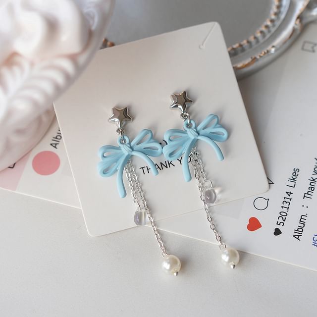 Faux Silver Earring 925 Sterling Bow / Pearl Drop Clip-On
