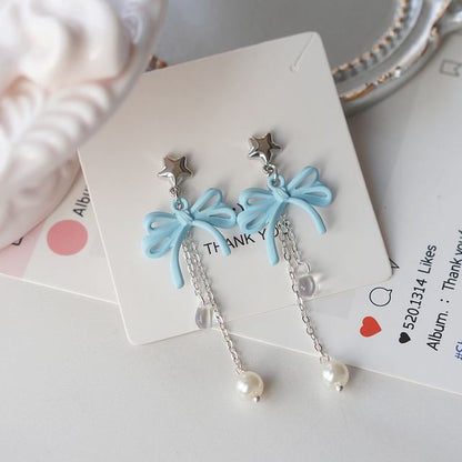 Faux Silver Earring 925 Sterling Bow / Pearl Drop Clip-On