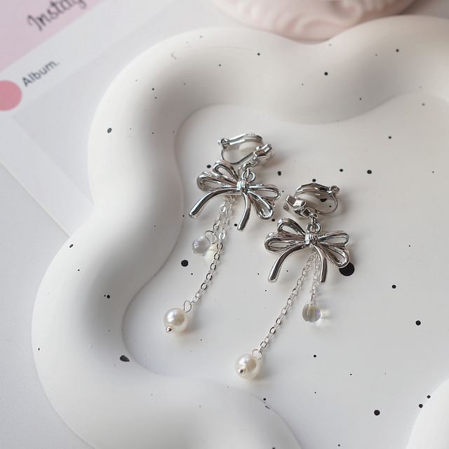 Faux Silver Earring 925 Sterling Bow / Pearl Drop Clip-On