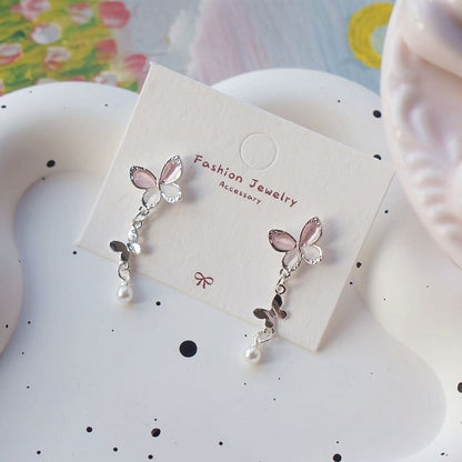 Faux Earring Silver / Sterling 925 Drop Clip-On Butterfly Pearl