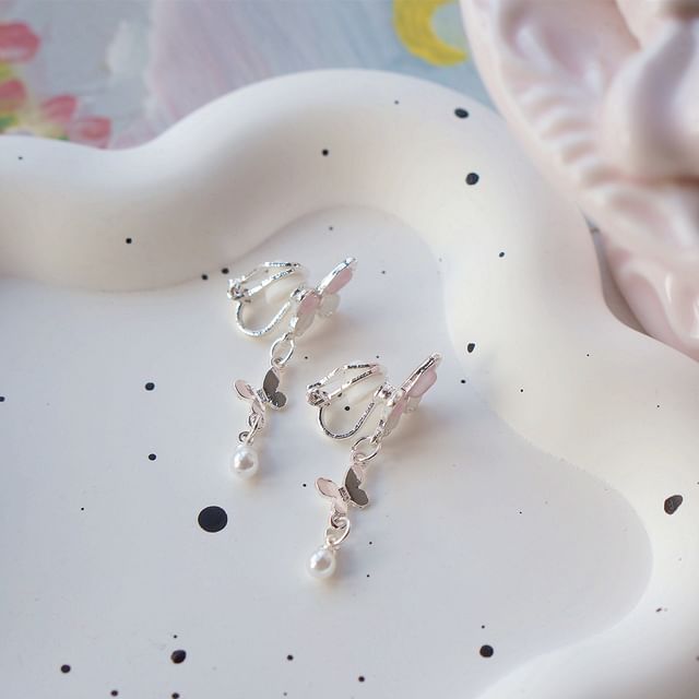 Faux Earring Silver / Sterling 925 Drop Clip-On Butterfly Pearl
