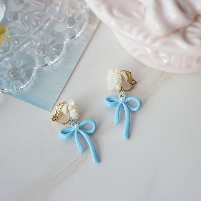 Silver Drop Clip-On / Flower Earring Bow Sterling 925