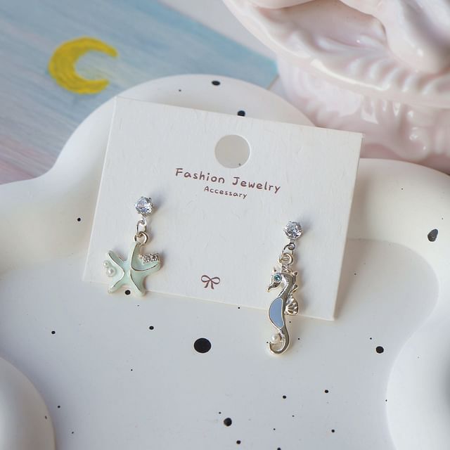 925 Drop Silver Sterling Starfish Earring / Clip-On Rhinestone