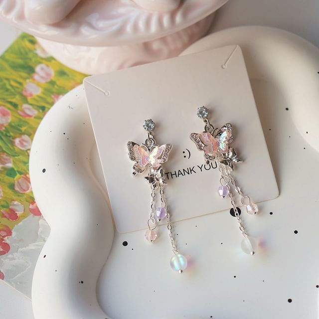 Sterling / Earring 925 Drop Butterfly Silver Bead Clip-On