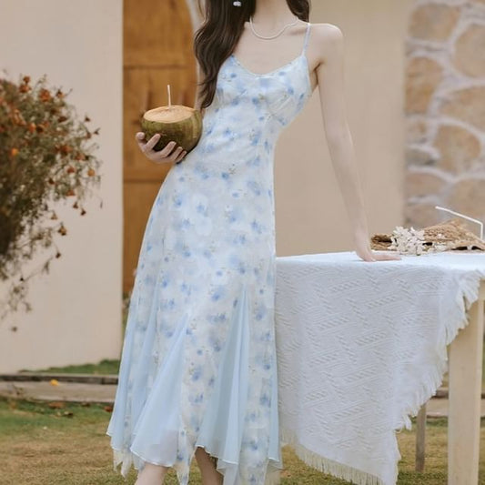 Spaghetti Strap V-Neck Floral Print Maxi A-Line Dress / Plain Ruffle Trim Sheer Crop Cardigan / Set