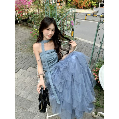 Dotted Asymmetrical Ruched Slit Tube Top / High Waist Plain Ruffle Mesh Maxi A-Line Skirt / Skinny Scarf / Belt / Set