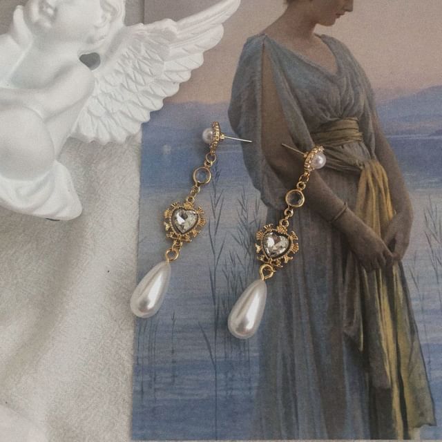 Earring Heart Rhinestone Alloy Dangle Pearl Faux
