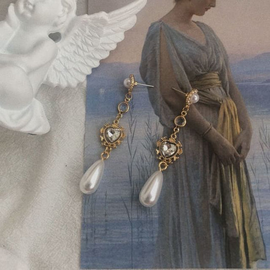 Earring Heart Rhinestone Alloy Dangle Pearl Faux
