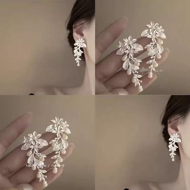 Floral Earring Faux Pearl Dangle Alloy