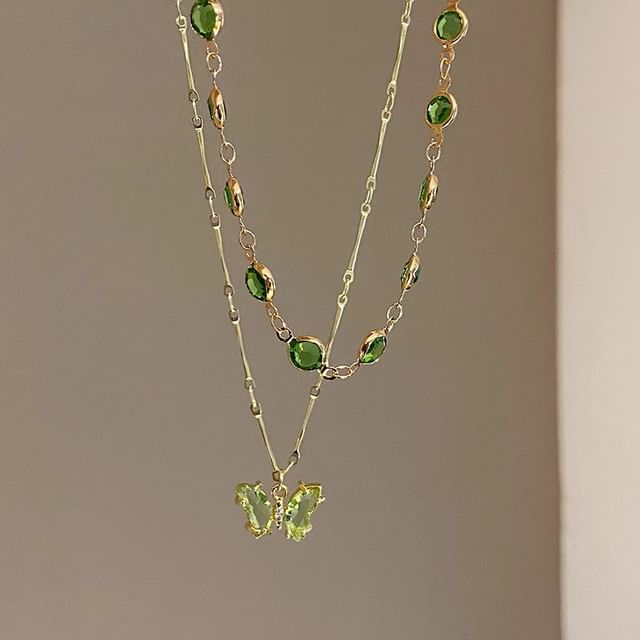 Station Butterfly Rhinestone Layered Necklace