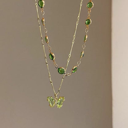 Station Butterfly Rhinestone Layered Necklace