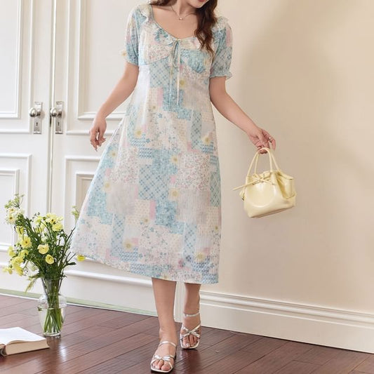 Short-Sleeve Collar Floral Bow Midi A-Line Dress / Sleeveless Sundress