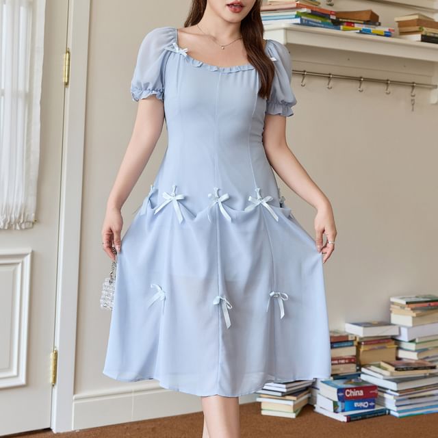 Spaghetti Strap / Short-Sleeve Plain Bow Midi A-Line Dress