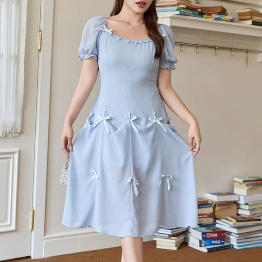 Spaghetti Strap / Short-Sleeve Plain Bow Midi A-Line Dress