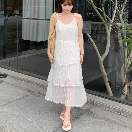 Spaghetti Strap Plain Tiered Midi A-Line Dress