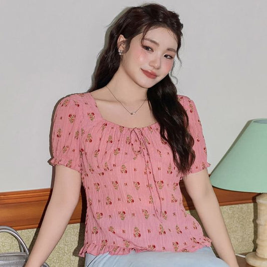Short-Sleeve Square Neck Floral Bow Blouse