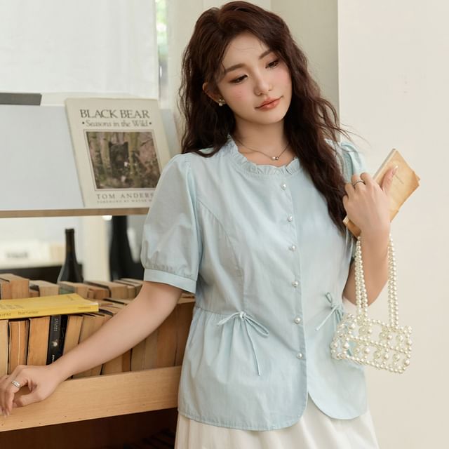 Short-Sleeve Crew Neck Plain Bow Blouse