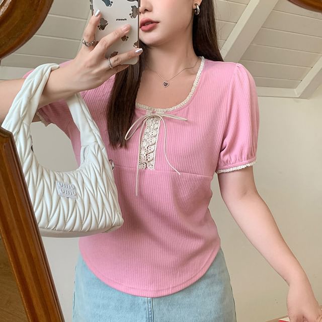 Short-Sleeve Square Neck Lace-Up Slim Fit Tee