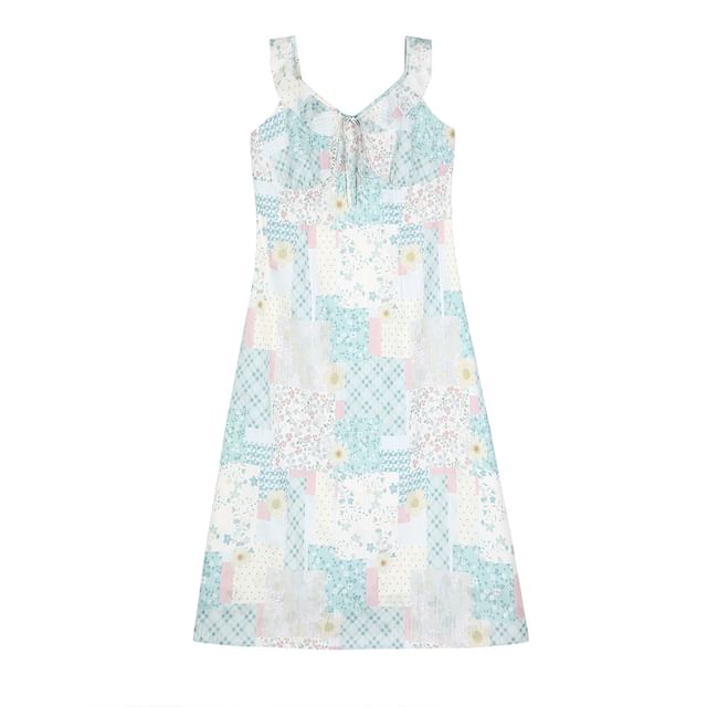 Short-Sleeve Collar Floral Bow Midi A-Line Dress / Sleeveless Sundress