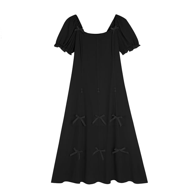 Spaghetti Strap / Short-Sleeve Plain Bow Midi A-Line Dress