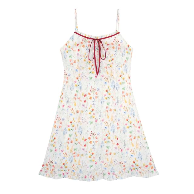 Spaghetti Strap Floral Bow Ruffle Trim A-Line Sundress