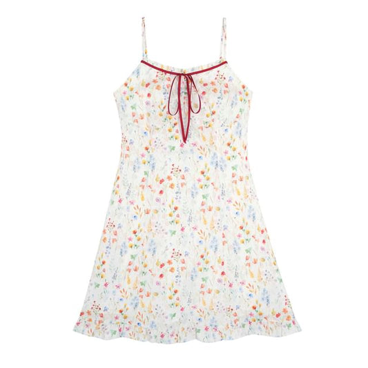 Spaghetti Strap Floral Bow Ruffle Trim A-Line Sundress